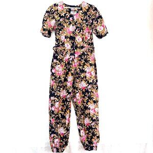 Vintage DISORDERLY KIDS Floral Cotton Button Front Waist Tie Puff Jumpsuit L